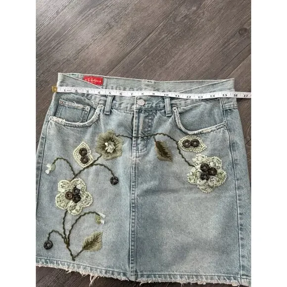Le Jealous Vintage Denim Skirt Y2K Beaded Floral 42 Large Boho Hippie Festival - Picture 8 of 9